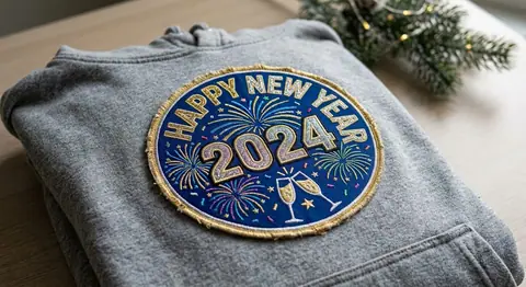 New Year patch sewn onto a jacket