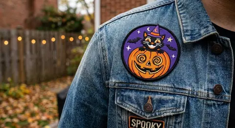 Halloween patch displayed on a denim jacket
