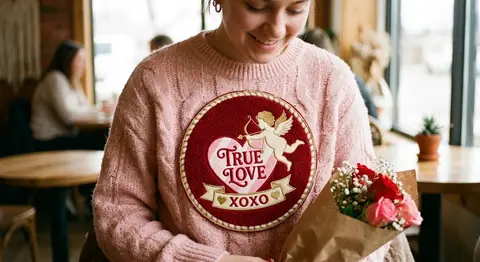 Valentine patch displayed on a sweatshirt