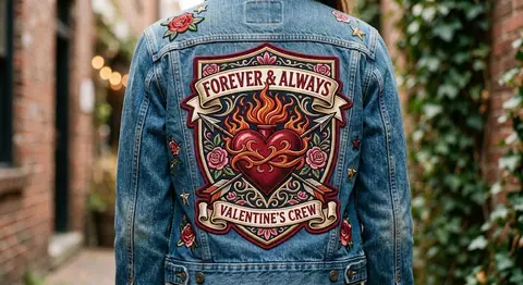 Embroidered event patch on a denim jacket