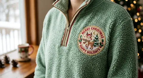 Christmas patch displayed on a green jumper