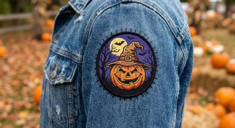 Halloween patch displayed on a denim jacket