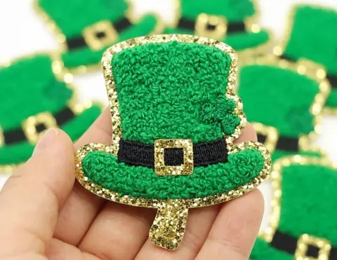 Green glitter top hat patch for St Patrick’s Day