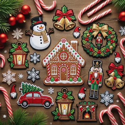 Custom Christmas patch examples with festive characters and motifs