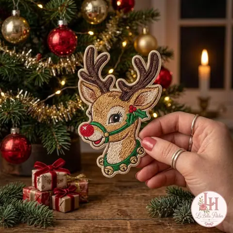 Hand holding a festive reindeer patch