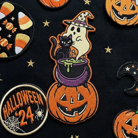 Custom Halloween patch designs including spooky seasonal motifs