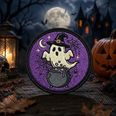 Purple Halloween patch with a witch ghost and cauldron