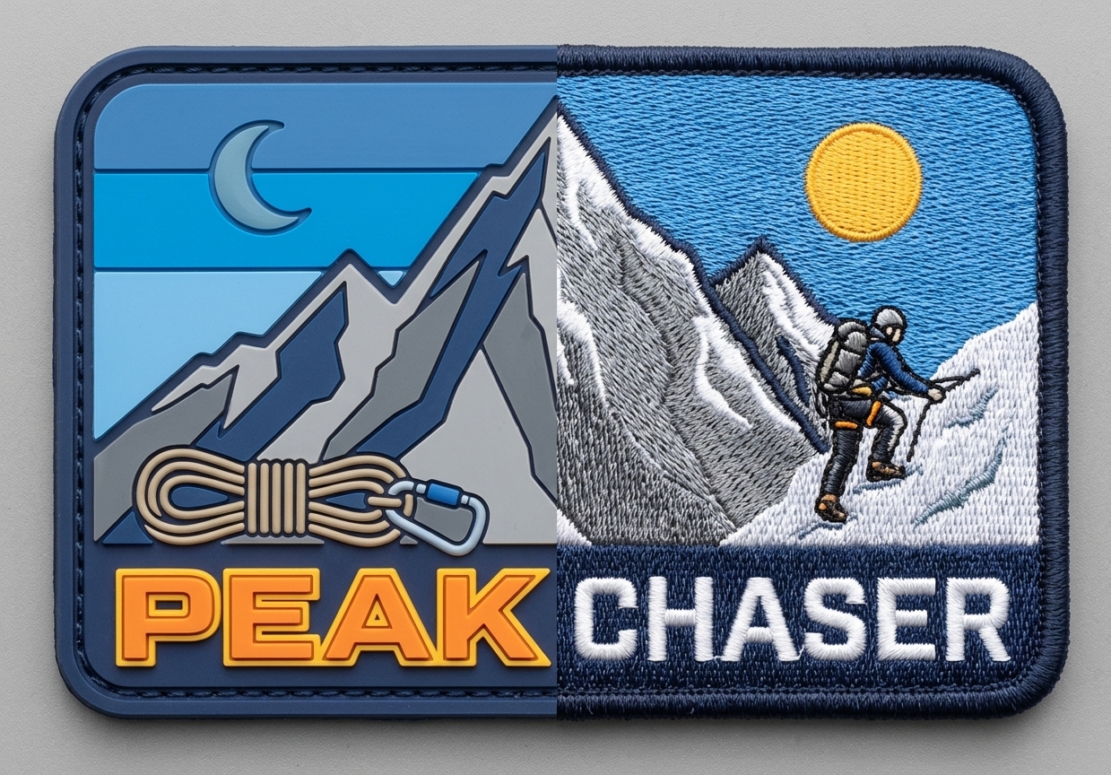 Peak Chaser split sample showing molded PVC on the left and embroidery on the right