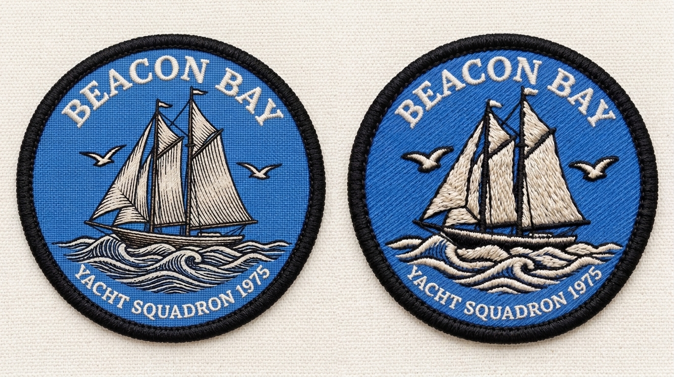 Beacon Bay woven patch on the left and embroidered patch on the right